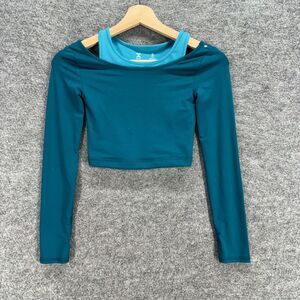 Xersion Cropped Top Girls S Small Blue Cold Shoulder Long Sleeve Stretch Casual